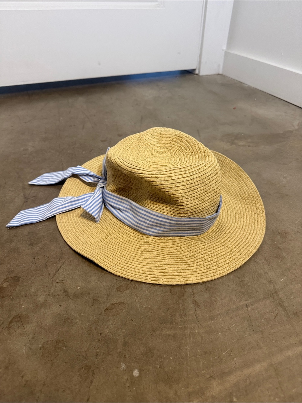 J. Crew Yellow Straw Sun Hat with Blue-Striped Bow